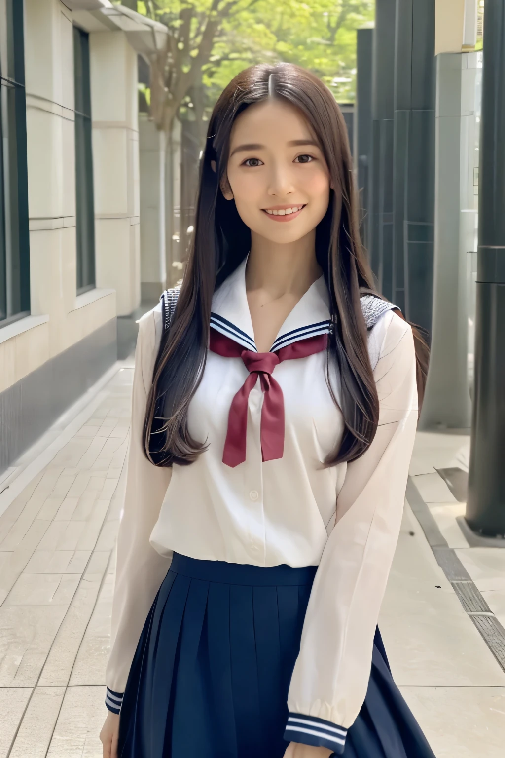 (Raw photo:1.2), (Photorealistic:1.4),Sailor suit,A young woman with long hair who looks both young and grown-up,Calm expression,Gently glance over,Long black hair,Background is a school hallway,Running with her skirt fluttering,The woman has a modest smile,10 second video