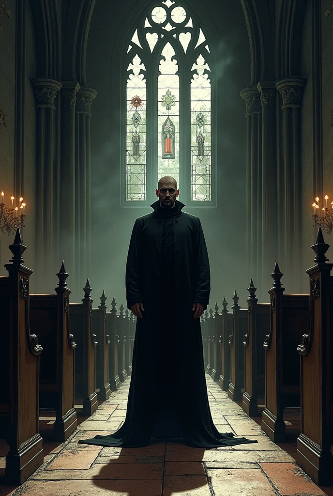 Very simple drawing of a priest plotting an evil plan inside a church
