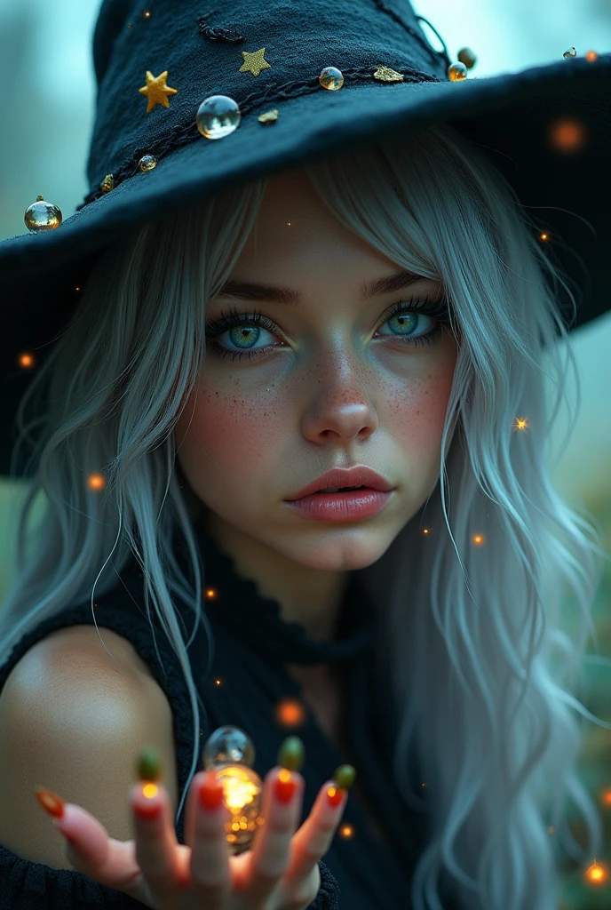 (Close-up of a better masterpiece:1.5)0.9], (Space and astronauts:1.2) (Messy silver hair:1.1) (Heterochromia xanthochromia and blue eyes:1.2), witch hat, potions, whimsical woods, (Colored stars in the eyes:1.0) (A radiant glow:1.1) (thick lips:0.9)