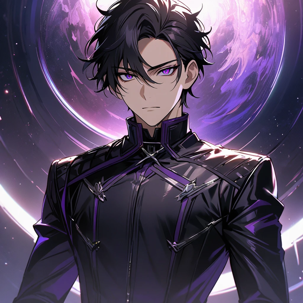High quality, HD, 4k, no shadows, handsome male, handsome, extremly handsome, 1male, 1 male, teenager, pure black hair, short black hair, dark hair, black hair, jet black hair, sharp eyes, deep purple colored eyes, dark purple colored eyes, deep violet eyes, violet eyes, devil may cry, close up, calm expression, stoic expression, black leather clothes, black leather clothing, leather clothing, lean body, well trained body, upper body, looking at viewer, cowboy shot, white solar, space background