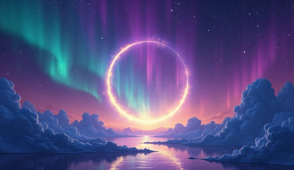 Design a vibrant background with a purple gradient, blue and gold, creating an aurora borealis effect. At the center, highlight a large, bright spiritual symbol, like a crescent moon or a radiant constellation. Add glittering stars and twinkling light streaks for a magical effect. Use emerald green and turquoise blue details to create strong contrasts and accentuate dynamism, making the image impactful and visually appealing.