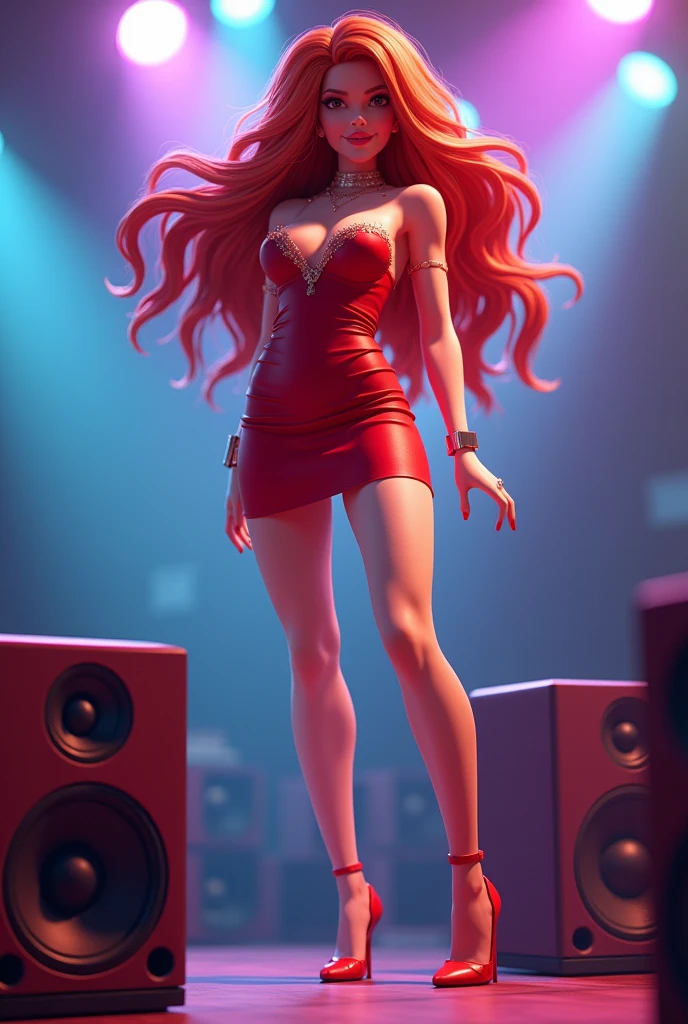 FNF Girlfriend
long auburn hair, red dress, red heels, on speakers