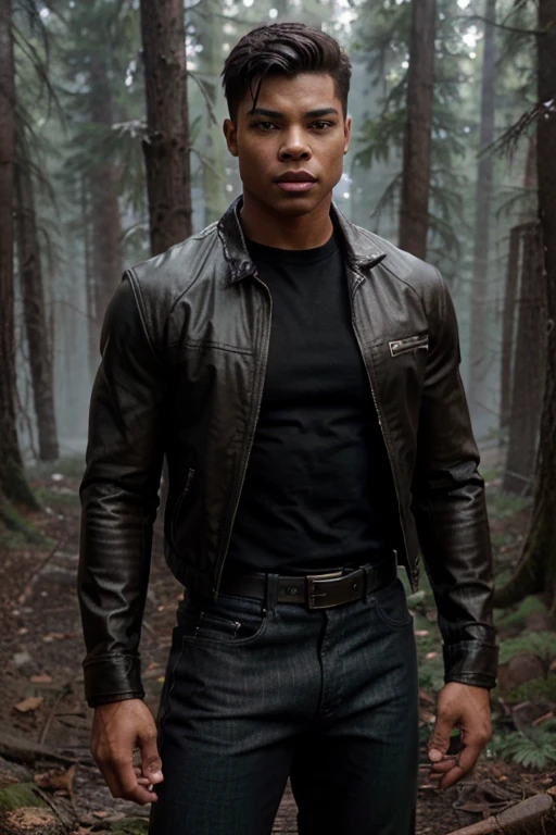 Chuck Clayton, Jordan Calloway, Teen Wolf, boy, 1, short black hair, slim muscular build, brown eyes, green shirt with black stripes, brown leather jacket, blue jeans, black belt with silver buckle, black military boots , bear collar , forest background with fog looking dw in front of viewer