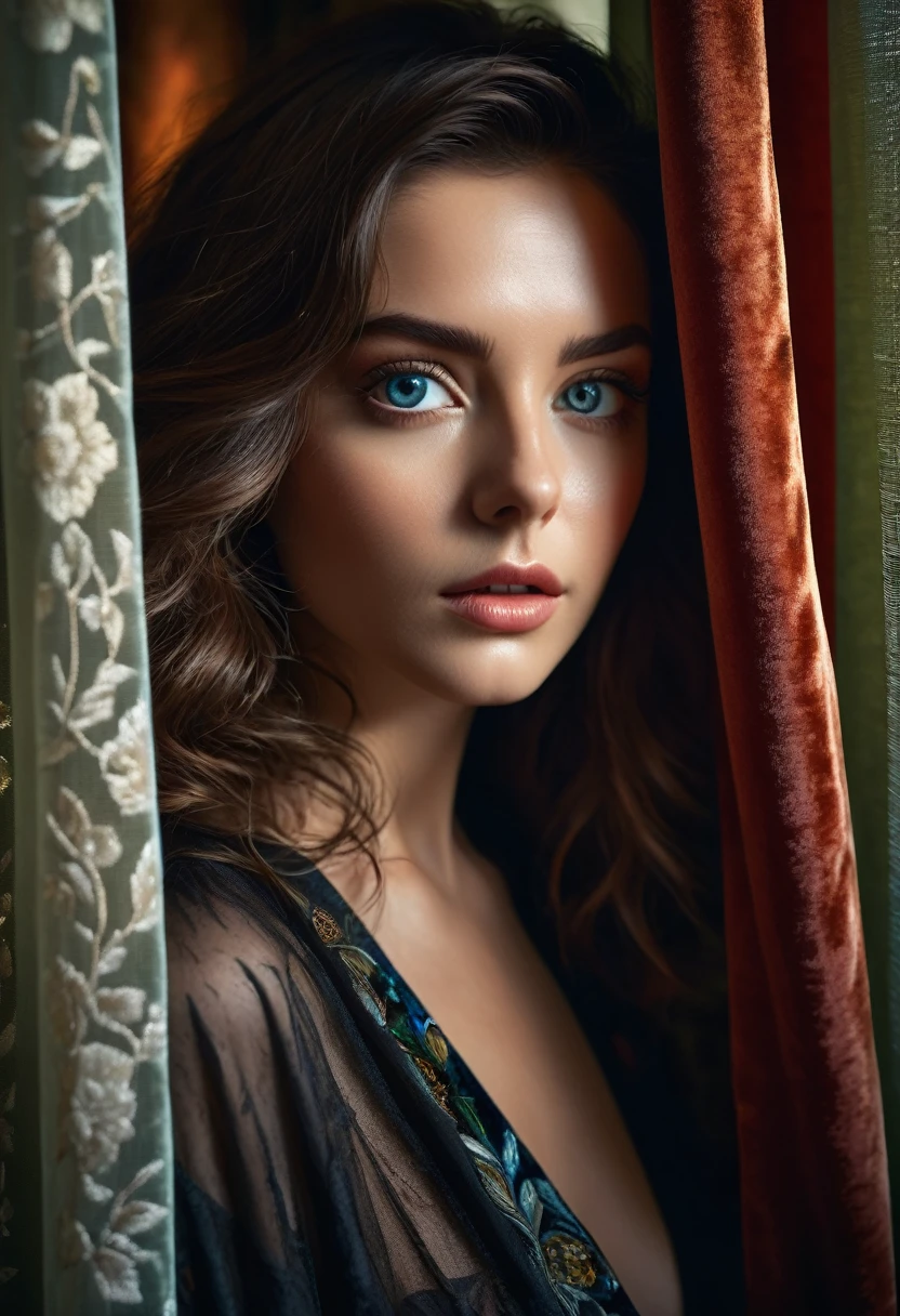RAW photo, beautiful eyes, masterpiece, peeking out from behind the curtains, colorful details, award-winning, high detail, 8 K, daylight, analog film, detailed skin, stunning composition, complex parts, subsurface scattering, velvet hair, amazing textures, cinematic, chiaroscuro, soft light