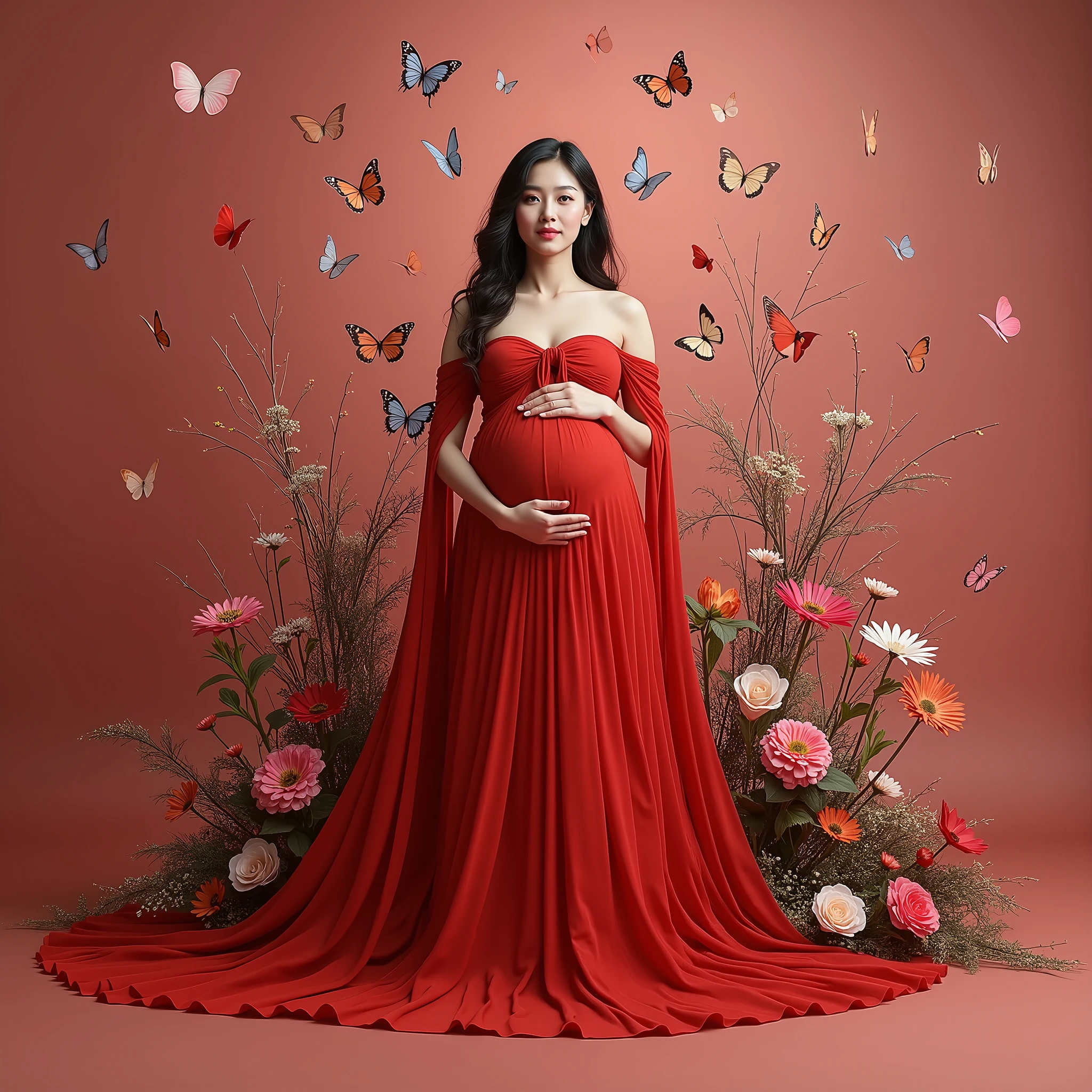 pregnant woman in red dress surrounded by butterflies and flowers, a digital rendering inspired by Tang Yifen, shutterstock contest winner, conceptual art, maternal photography 4 k, full body portrait shot, award winning studio photo, full body photograph, full body portrait, color studio portrait, whole body photography, woman in flowers, portrait photo of a backdrop, korean artist