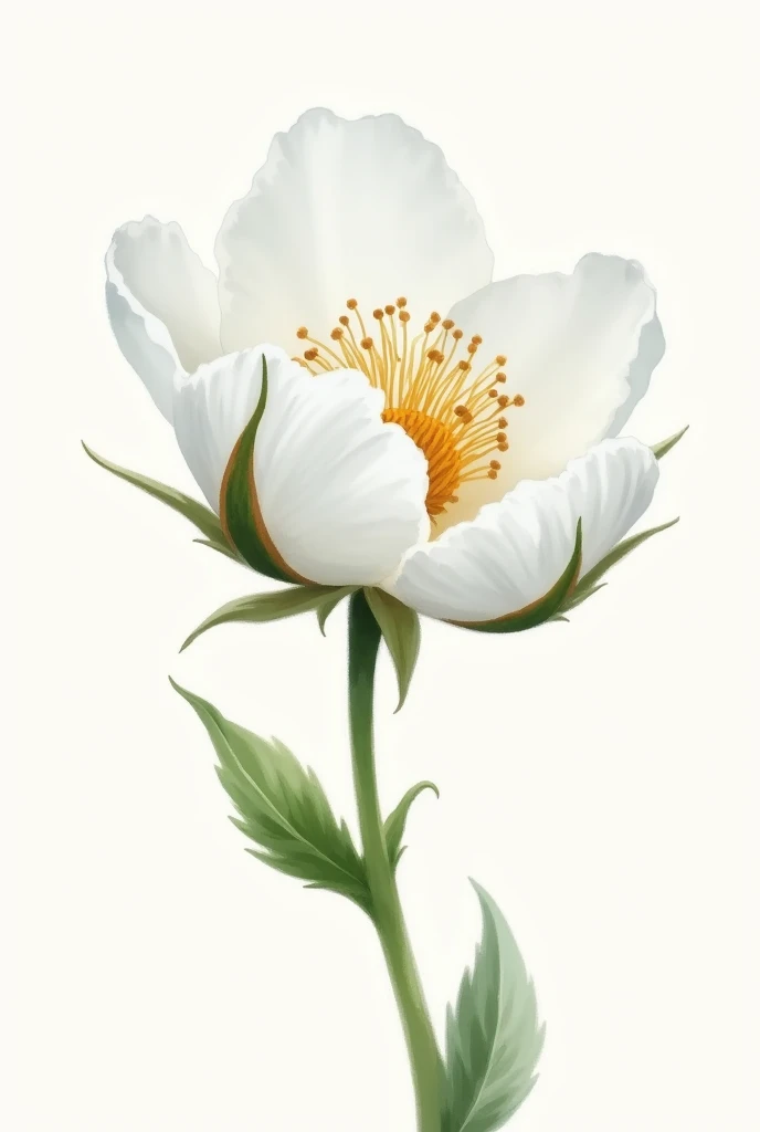 Create a white cotton flower image drawn and painted with very delicate watercolor