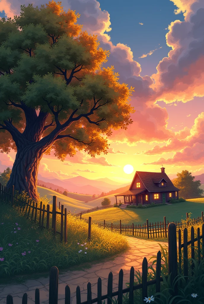 Create a peaceful farm scene at sunset with a large oak tree on the left, its leaves tinged with red and gold from the setting sun. A cozy wooden farmhouse stands in the background, with a fence enclosing a small garden. The sky is filled with dramatic clouds, transitioning from vibrant orange near the horizon to deep blue at the top. anime style 