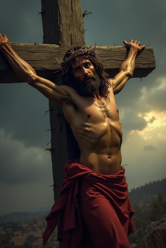 A vivid and detailed depiction of Jesus Christ nailed to the cross, wearing a crown of thorns. The scene should capture the somber and solemn atmosphere, with Jesus' head slightly bowed, blood from the crown of thorns trickling down his forehead. The cross is weathered, made of rough wood, and set against a darkened sky with clouds gathering. There should be a sense of deep sorrow and sacrifice in the expression of Jesus, with his arms stretched out and nailed to the cross. The background should include subtle elements, like a faint outline of distant hills or the silhouette of onlookers in the shadows.