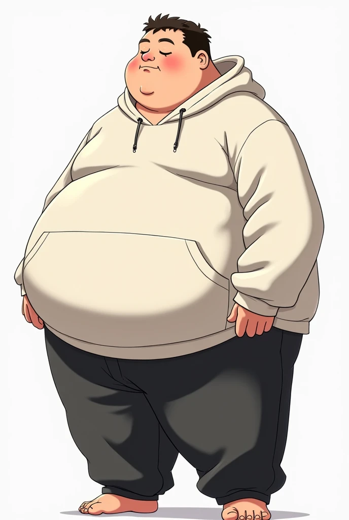 extremely fat anime boy, white hoodie, black pants, belt, very big belly, 300 pounds heavy, obese, massive stomach holding stomach