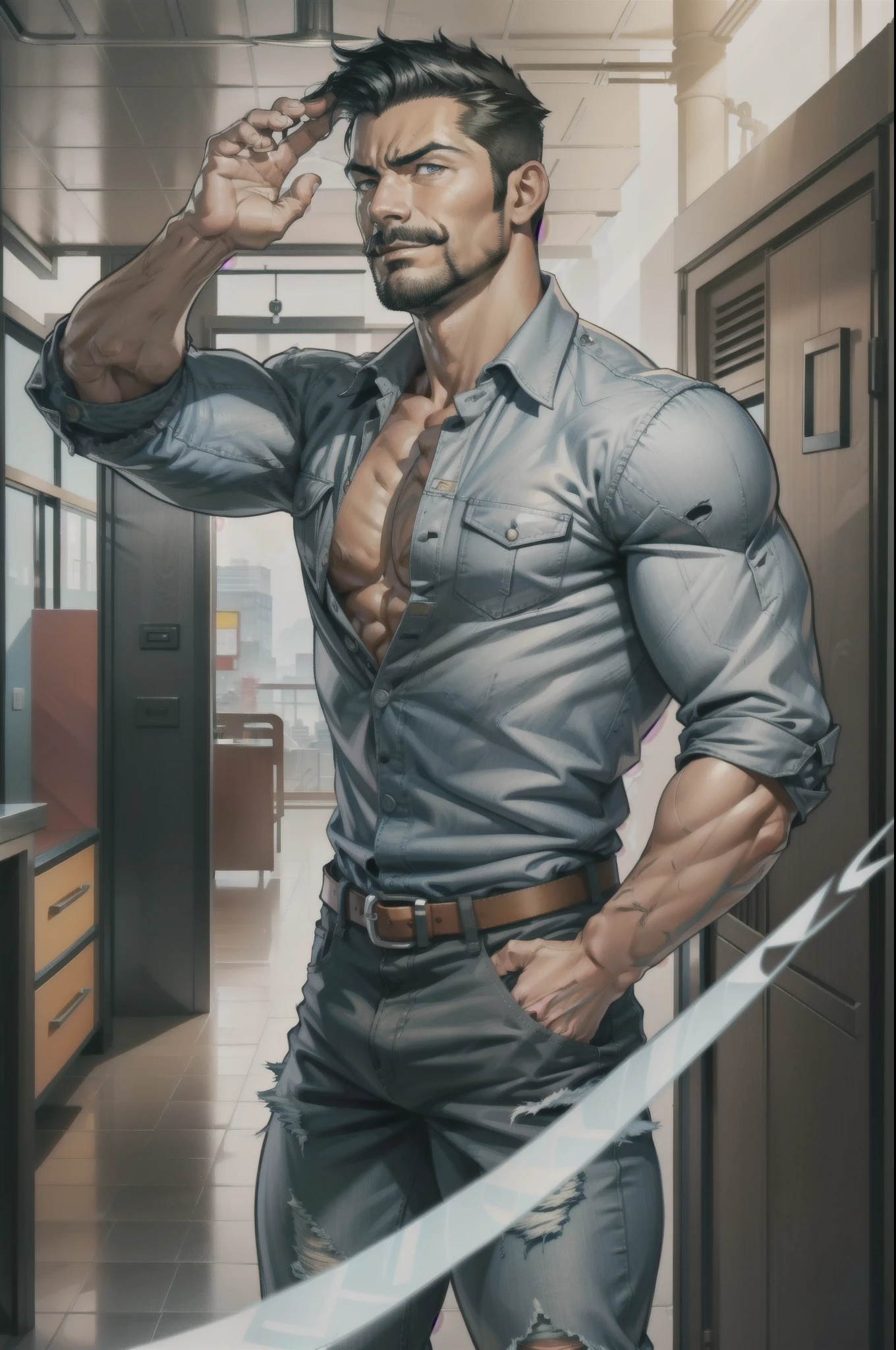 (original-art:1.2),(lineart:1.33), 1male, black hair, 1950s greaser, mature masculine muscular, handsome chisled facial features, muscular hairy body, 70s mustache, unbuttoned ripped white shirt, open shirt, un-zipped jeans, opened pants, pubic hair, huge crotch bulge, sexy, hot, jock, erotic, (hyperdefined),(inked-art), hero-angle, masculine stance, erotica, full body shot, cartoon, indoor, dramatic lighting, sidelighting,complex lighting,(full vibrant colors),hatched-texture,(fine-details:1.2),absurdres,flat-colors,ultradetailed, city street,