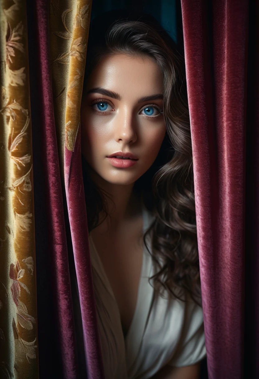RAW photo, beautiful eyes, masterpiece, peeking out from behind the curtains, colorful details, award-winning, high detail, 8 K, daylight, analog film, detailed skin, stunning composition, complex parts, subsurface scattering, velvet hair, amazing textures, cinematic, chiaroscuro, soft light