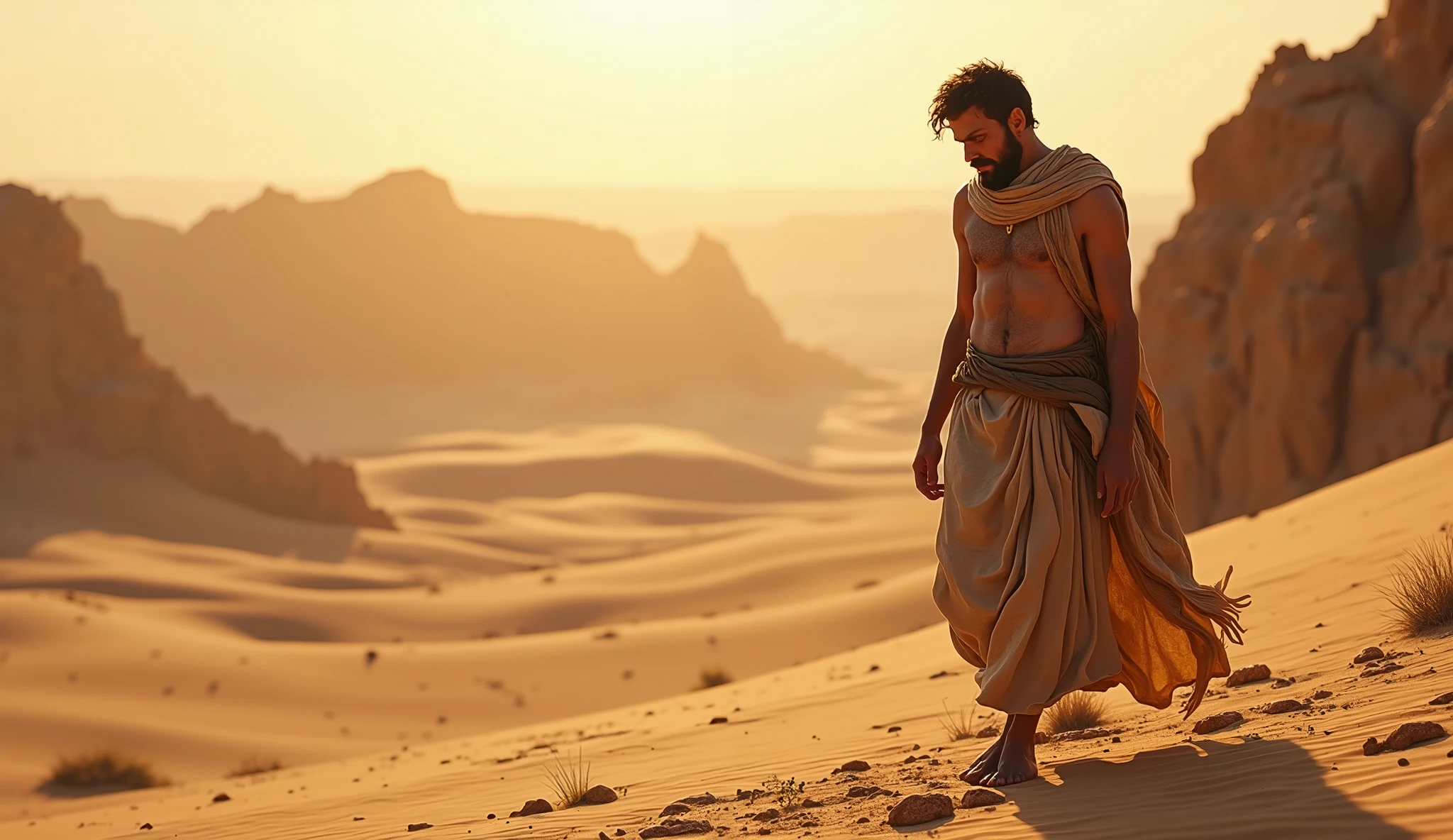 a Hebrew believer, with a thin appearance, did not eat much because he was fasting, biblical story, in the desert, 4k, photographic and realistic image