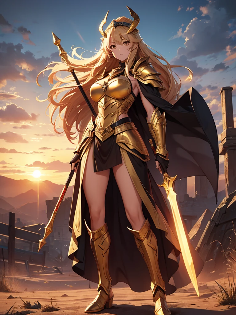 score_9, score_8_up, score_7_up,expressiveh,athletic body,hourglass body,amazing scenery,tan brown skin,majestic armor made from jewels and gold,onrmanets,decorated armor with a cap with fur decroating the shoulderplates,wielding a large double wielding hammer,helemt with horns,golden eyes,golden hair,golden halo,standing on a battlefield,sunset,1woman,female, full body view, golden boots