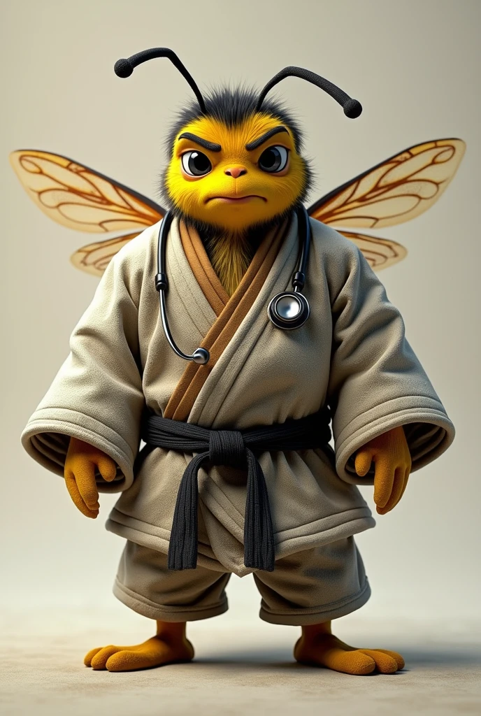 Male bee in judo kimono, with a stethoscope around his neck with an angry face