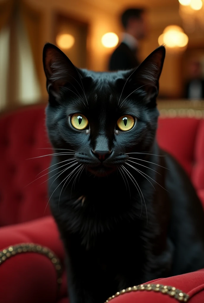 A realistic photo of a black cat with green eyes who plays the role of a James Bond girl alongside Daniel Craig in Casino Royale