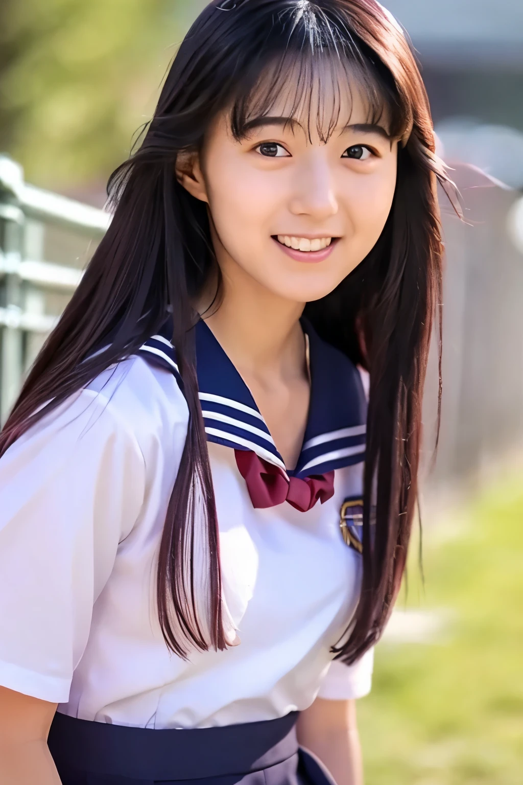 (Raw photo:1.2), (Photorealistic:1.4),Sailor suit,A young woman with long hair who looks both young and grown-up,Calm expression,Gently glance over,Long black hair,Background is a school hallway,Running with her skirt fluttering,The woman has a modest smile,10 second video