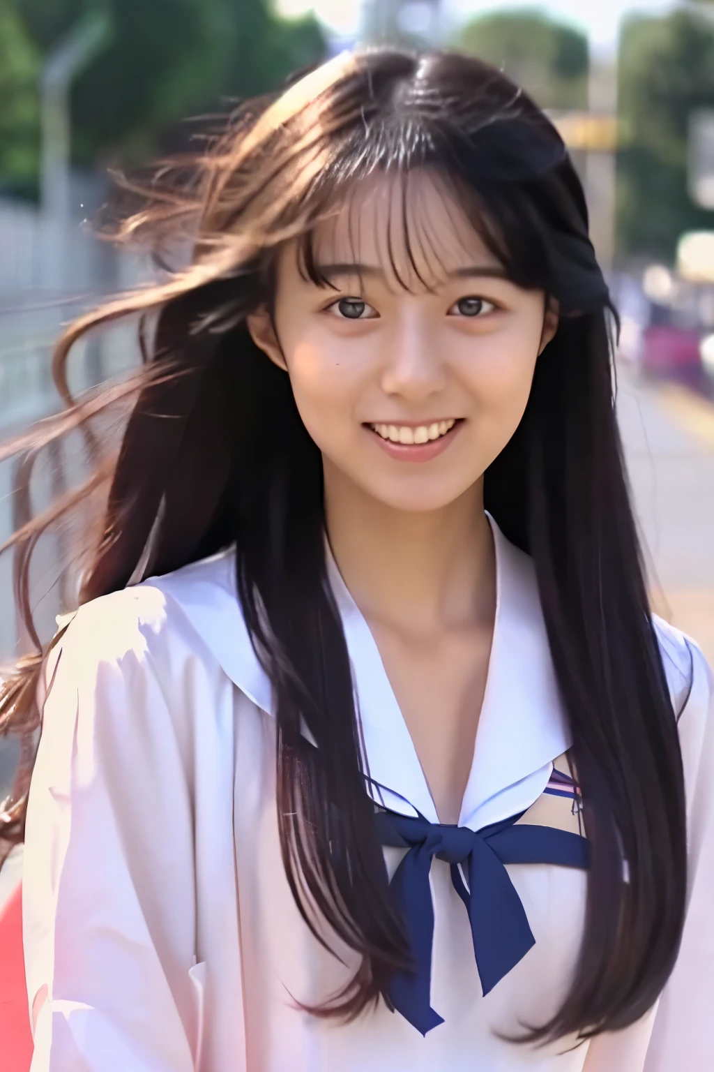 (Raw photo:1.2), (Photorealistic:1.4),Sailor suit,A young woman with long hair who looks both young and grown-up,Calm expression,Gently glance over,Long black hair,Background is a school hallway,Running with her skirt fluttering,The woman has a modest smile,10 second video