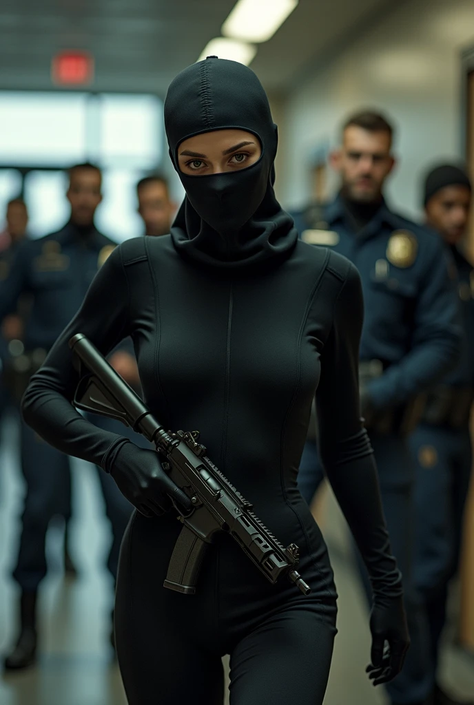 scarlett johanss qui porte une tenu moulante et qui porte une cagoules et des gant jetable et un pistolets qui ramasser des objets de valeur des otages des gens dans un commissariat