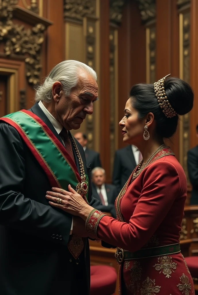 Generate an image of a woman who is a representative, has an ugly face and is elderly, decrepit in face, with a hump and who gives the presidential sash of Mexico, to the female president of Mexico, in the chamber of deputies, in her shot. of portesta.