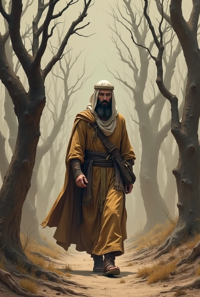 A man dressed in Hebrew attire walking in the midst of dried trees