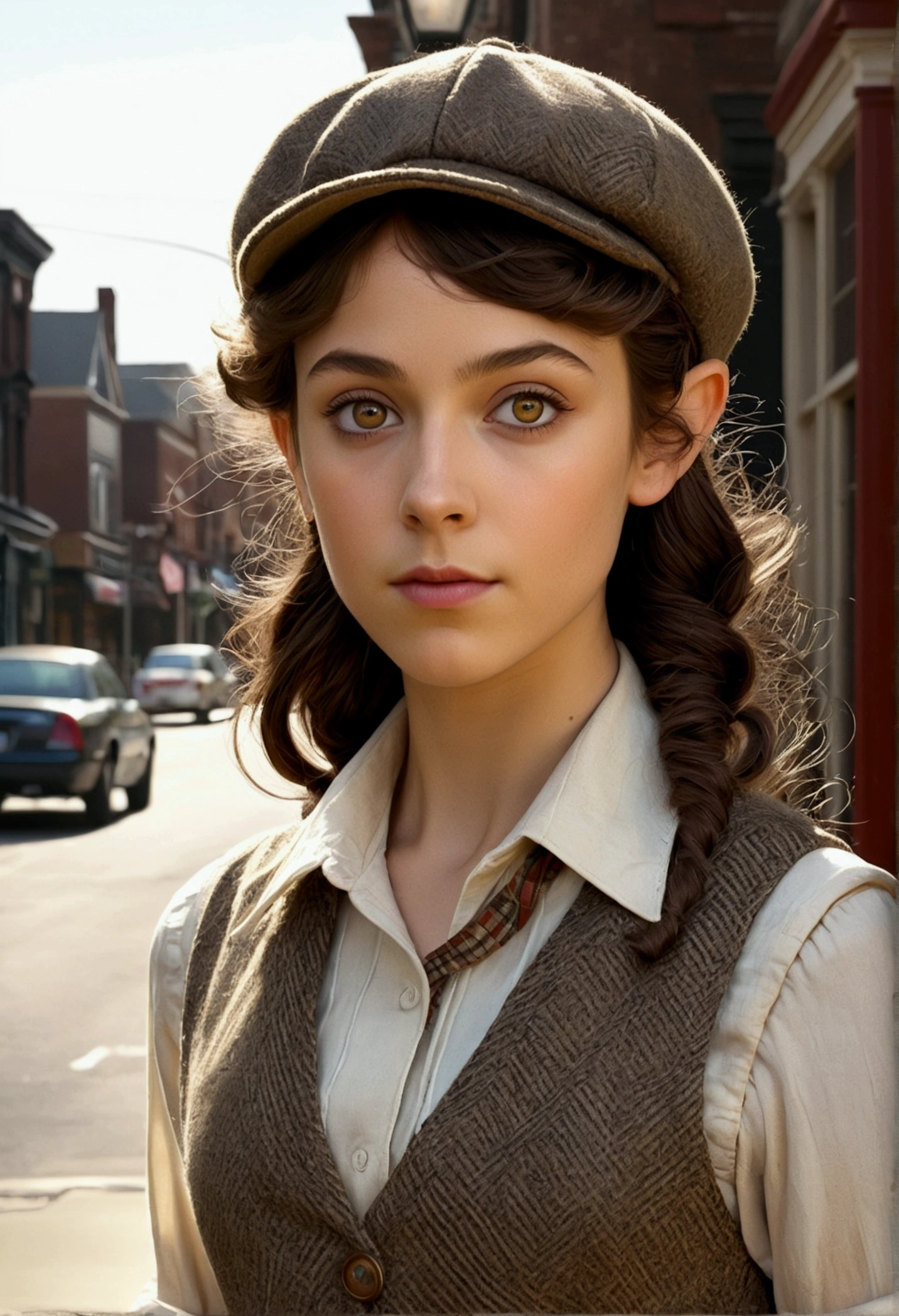 An illustrated movie poster, hand-drawn, full color, a age elven girl, wearing a tweed vest and a newsie cap, athletic hourglass figure, long pointy elf ears, amber eyes, dark hair, curly bob cut, deep sun-tanned skintone, standing on an victorian-era street corner, graphite shading, stencil marks, airbrushed acrylic paint, masterpiece, in the style of the Sherlock Holmes