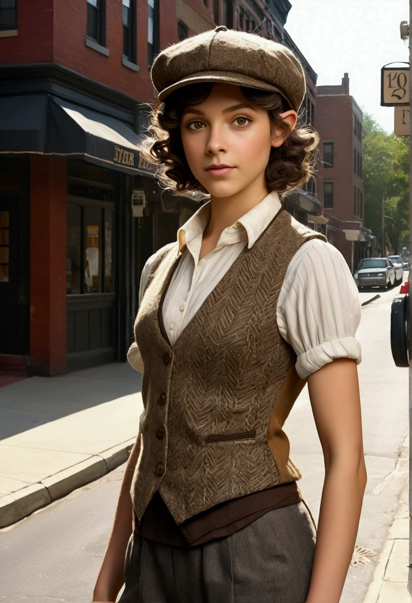 An illustrated movie poster, hand-drawn, full color, a teenage elven girl, wearing a tweed vest and a newsie cap, athletic hourglass figure, long pointy elf ears, amber eyes, dark hair, curly bob cut, deep sun-tanned skintone, standing on an victorian-era street corner, graphite shading, stencil marks, airbrushed acrylic paint, masterpiece, in the style of the Sherlock Holmes