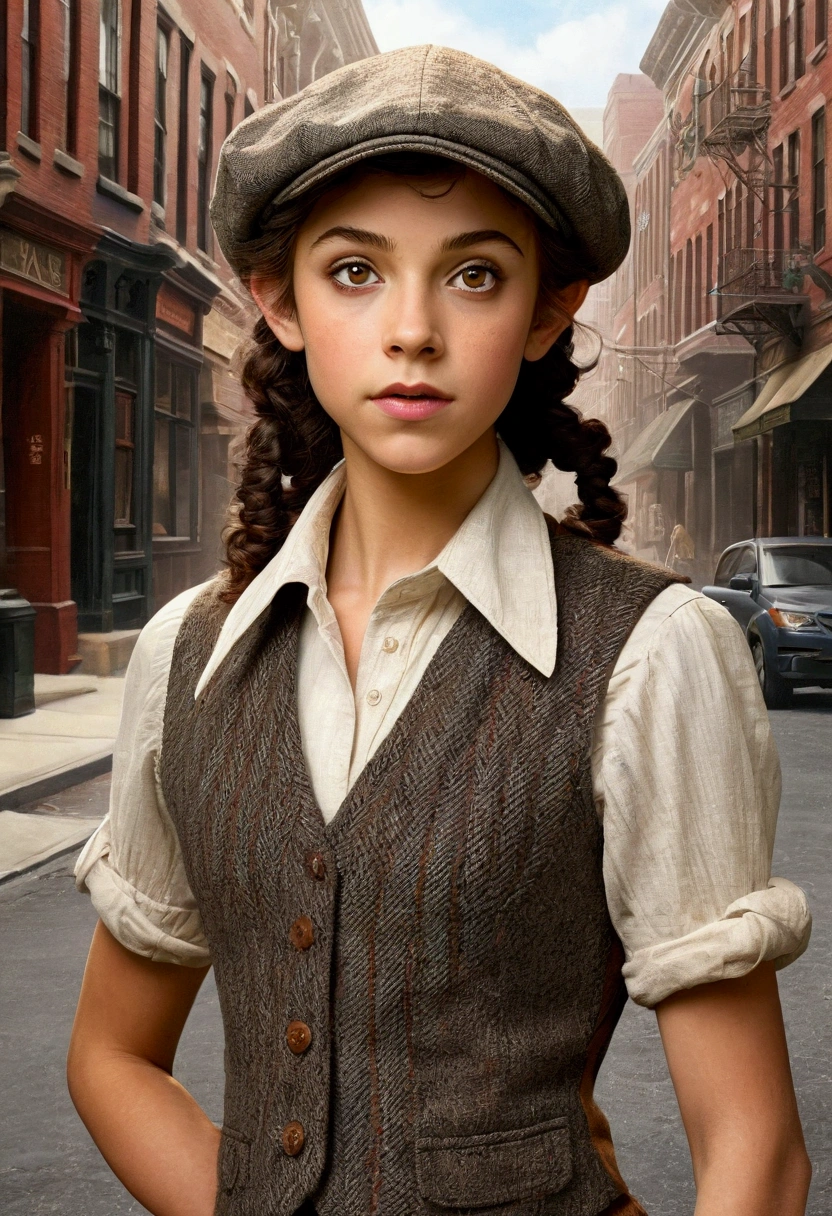 An illustrated movie poster, hand-drawn, full color, a age elven girl, wearing a tweed vest and a newsie cap, athletic hourglass figure, long pointy elf ears, amber eyes, dark hair, curly bob cut, deep sun-tanned skintone, standing on an victorian-era street corner, graphite shading, stencil marks, airbrushed acrylic paint, masterpiece, in the style of the Sherlock Holmes