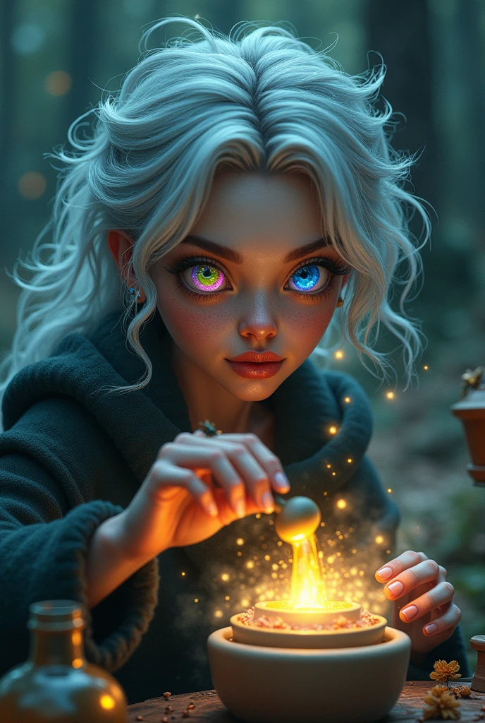 (Close-up of a better masterpiece:1.5)0.9], (Space and astronauts:1.2) (Messy silver hair:1.1) (Heterochromia xanthochromia and blue eyes:1.2), witch hat, potions, whimsical woods, (Colored stars in the eyes:1.0) (A radiant glow:1.1) (thick lips:0.9), old woman