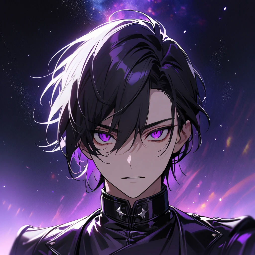 High quality, HD, 4k, no shadows, handsome male, handsome, extremly handsome, 1male, 1 male, teenager, pure black hair, short black hair, dark hair, black hair, jet black hair, sharp eyes, deep purple colored eyes, dark purple colored eyes, deep violet eyes, violet eyes, devil may cry, close up, calm expression, stoic expression, black leather clothes, black leather clothing, leather clothing, lean body, well trained body, upper body, looking at viewer, cowboy shot, white solar, space background