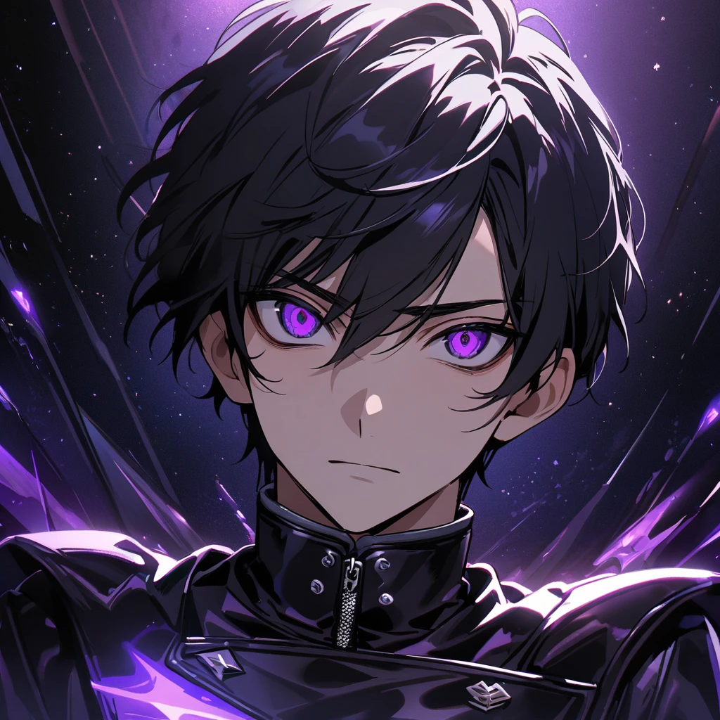 High quality, HD, 4k, no shadows, handsome male, handsome, extremly handsome, 1male, 1 male, teenager, pure black hair, short black hair, dark hair, black hair, jet black hair, sharp eyes, deep purple colored eyes, dark purple colored eyes, deep violet eyes, violet eyes, devil may cry, close up, calm expression, stoic expression, black leather clothes, black leather clothing, leather clothing, lean body, well trained body, upper body, looking at viewer, cowboy shot, white solar, space background