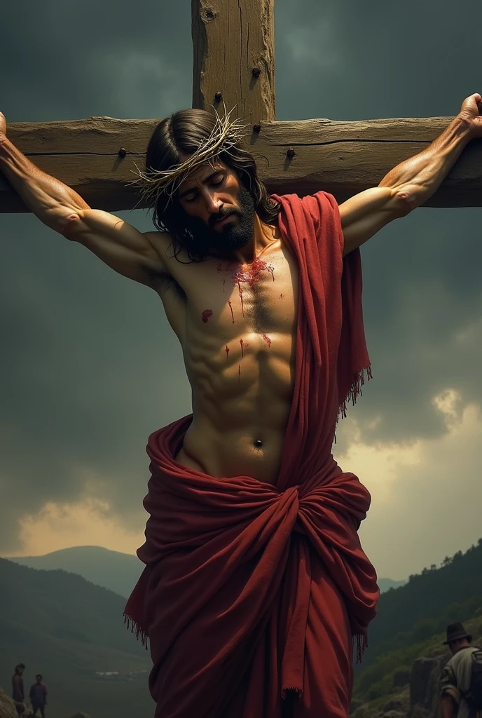 A vivid and detailed depiction of Jesus Christ nailed to the cross, wearing a crown of thorns. The scene should capture the somber and solemn atmosphere, with Jesus' head slightly bowed, blood from the crown of thorns trickling down his forehead. The cross is weathered, made of rough wood, and set against a darkened sky with clouds gathering. There should be a sense of deep sorrow and sacrifice in the expression of Jesus, with his arms stretched out and nailed to the cross. The background should include subtle elements, like a faint outline of distant hills or the silhouette of onlookers in the shadows.