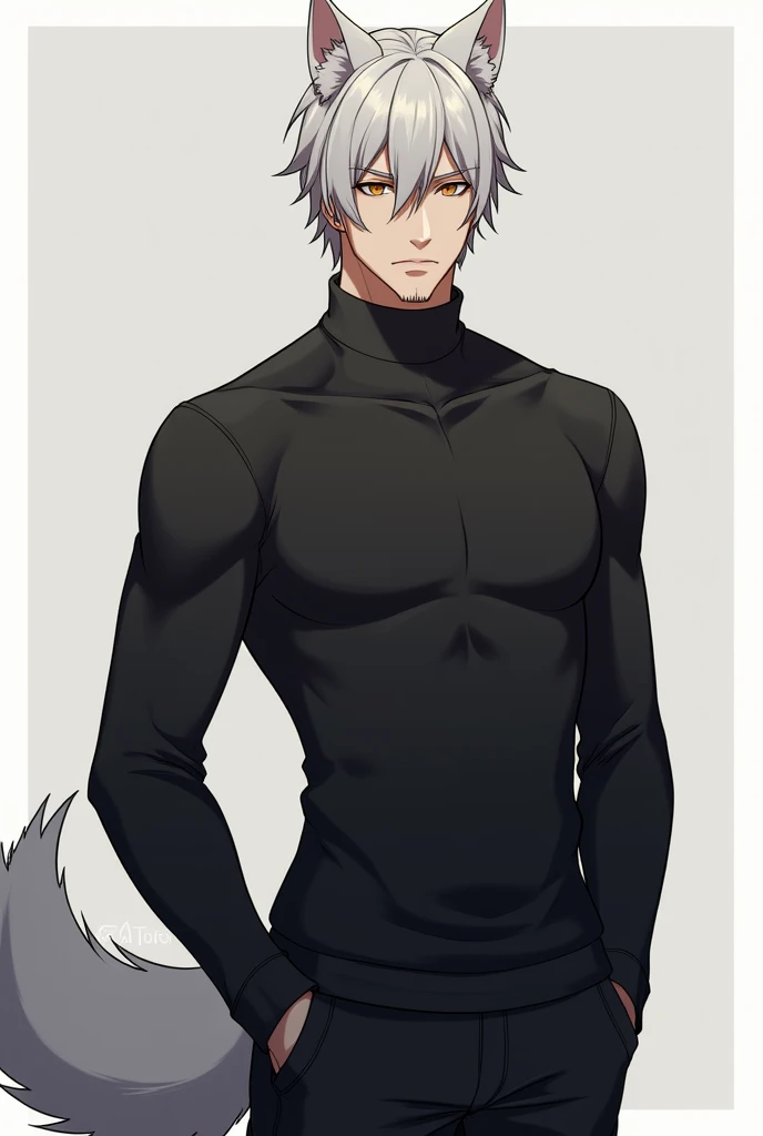 (best quality) half body, Anime character with white hair and black sweater, standing, white fur, Wolf Tail, demihuman, demiwolf, kemonomimi, Anime extremely handsome man, very muscular, Anime portrait of a handsome man, very mature, light stubble, brown eyes, short silver hair, bara, expressionless