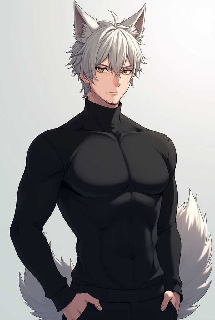 (best quality) half body, Anime character with white hair and black sweater, standing, white fur, Wolf Tail, demihuman, demiwolf, kemonomimi, Anime extremely handsome man, very muscular, Anime portrait of a handsome man, very mature, light stubble, brown eyes, short silver hair, bara, expressionless