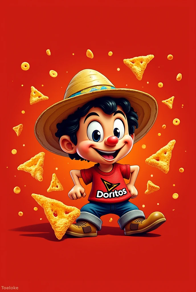 a Dorilocos logo with the red color of Doritos and that has Chavo del 8(that says dorilocos instead of Doritos) with a crazy character take away the "of" the rest the same 