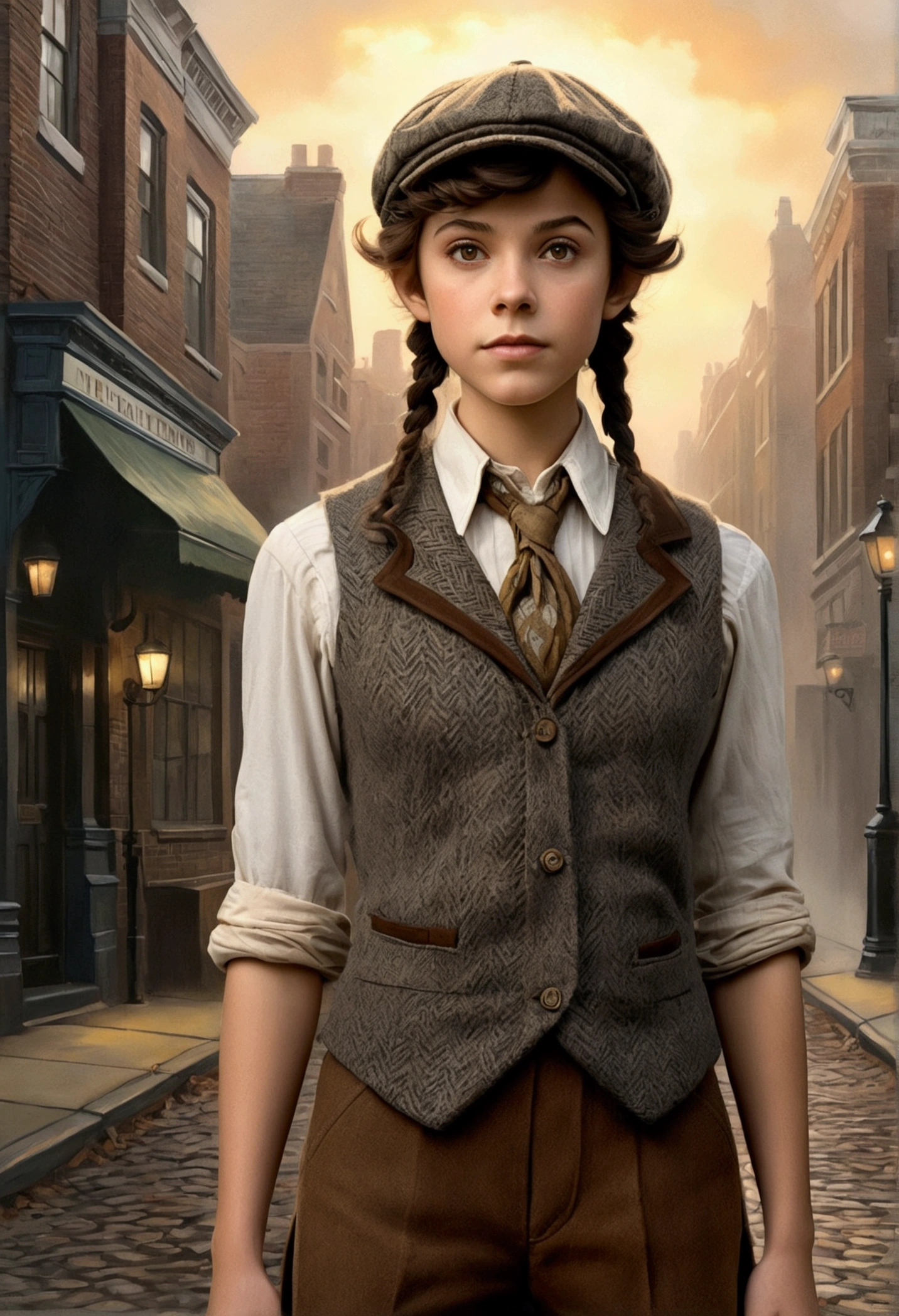 An illustrated movie poster, hand-drawn, full color, a teenage elven girl, wearing a tweed vest and a newsie cap, athletic hourglass figure, long pointy elf ears, amber eyes, dark hair, curly bob cut, deep sun-tanned skintone, standing on a foggy victorian-era street corner, graphite shading, stencil marks, airbrushed acrylic paint, masterpiece, in the style of the Sherlock Holmes