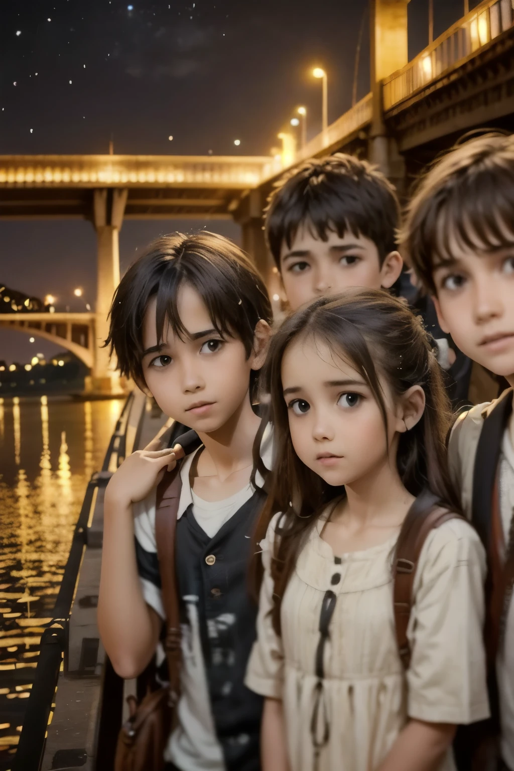 group of boys and girls near a bridge on a summer night,