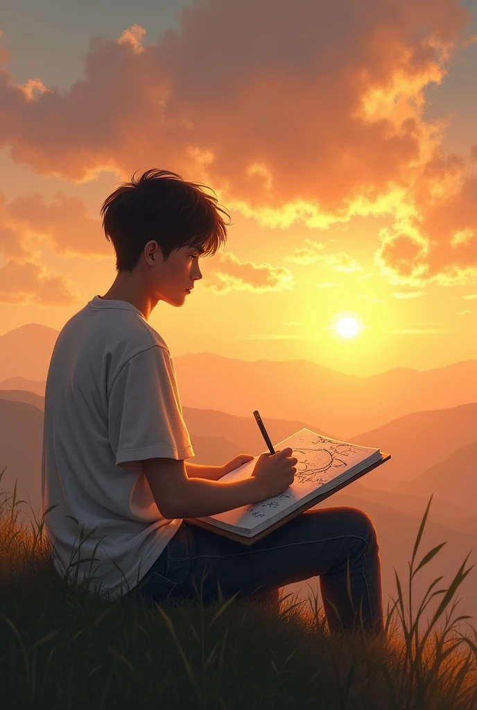 Young man watching the sunrise drawing