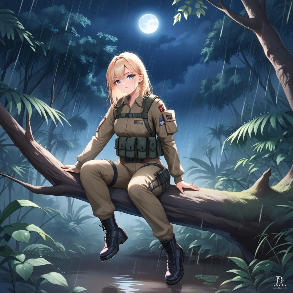 (masterpiece, best quality:1.2), 1 girl, solo, Tactical knight, light armor, tactical equipment, tactical straps, leather equipment, tactical accessories, knight accessories, 1girl, medieval background, tactical armored boots, light equipment, 1girl, tactical explorer equipment, tactical command equipment, tactical combat equipment, tactical straps, mission cover in the jungle during storm, tactical assault, hunting the target, night jungle background, moon in the sky, rain night, dynamic background, aim at the target, assault rifle, ready to shoot pose, on the branch of a tree, attention to detail, masterpiece, dark clothes, full body, darkness night, clothes slightly wet from the rain, dark night, dark jungle, night jungle, rain night, clothes slightly wet, dark background, light equipment, shadow contrast, dim lighting, between the shadows of the night, gloomy environment, (on the branch of a tree, among the trees)