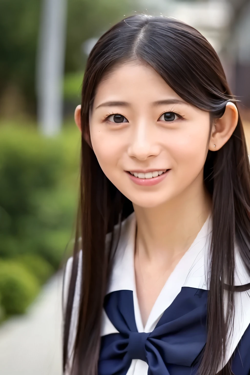 (Raw photo:1.2), (Photorealistic:1.4),Sailor suit,A young woman with long hair who looks both young and grown-up,Calm expression,Gently glance over,Long black hair,Background is a school hallway,Running with her skirt fluttering,The woman has a modest smile,10 second video