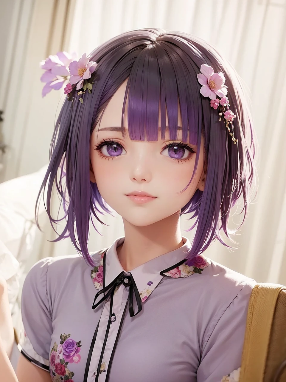 Woman with short wolf cut and purple hair Beautiful woman Floral pajamas 2.5D
