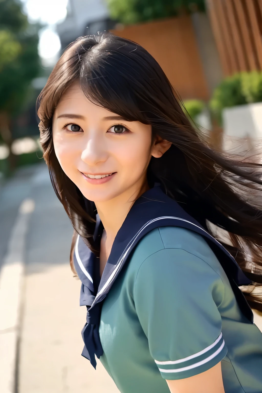 (Raw photo:1.2), (Photorealistic:1.4),Sailor suit,A young woman with long hair who looks both young and grown-up,Calm expression,Gently glance over,Long black hair,Background is a school hallway,Running with her skirt fluttering,The woman has a modest smile,10 second video