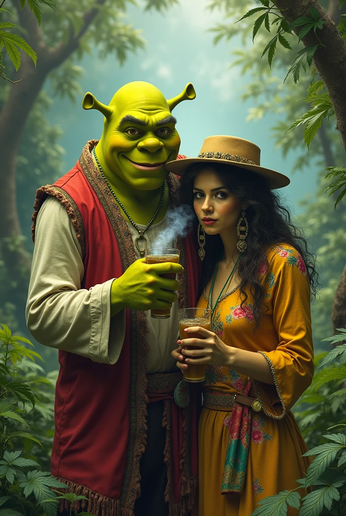 Make Fiona and Sherk smoking in the red reggae outfit, green and yellow , super hippies smoking a lot with red eyes