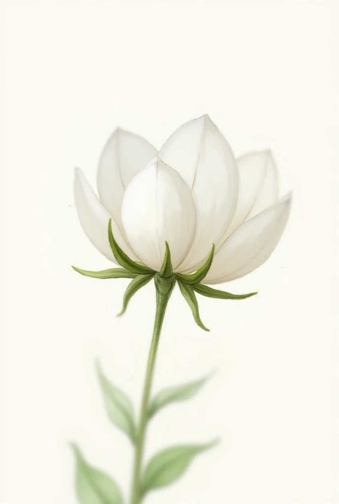 Create a white cotton flower image drawn and painted with very delicate watercolor