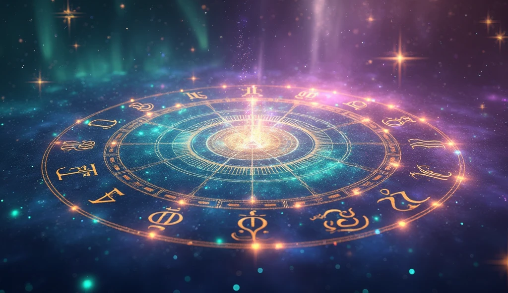Create a colorful background with purple gradients, blue and gold, imitating an aurora borealis. At the center, place a large circle representing the zodiac, divided into 12 segments, each with an icon or symbol corresponding to the astrological signs. Add glittering stars and twinkling light strips around for a magical, immersive touch. Use emerald green and turquoise blue accents to highlight the zodiac circle and create an eye-catching contrast..