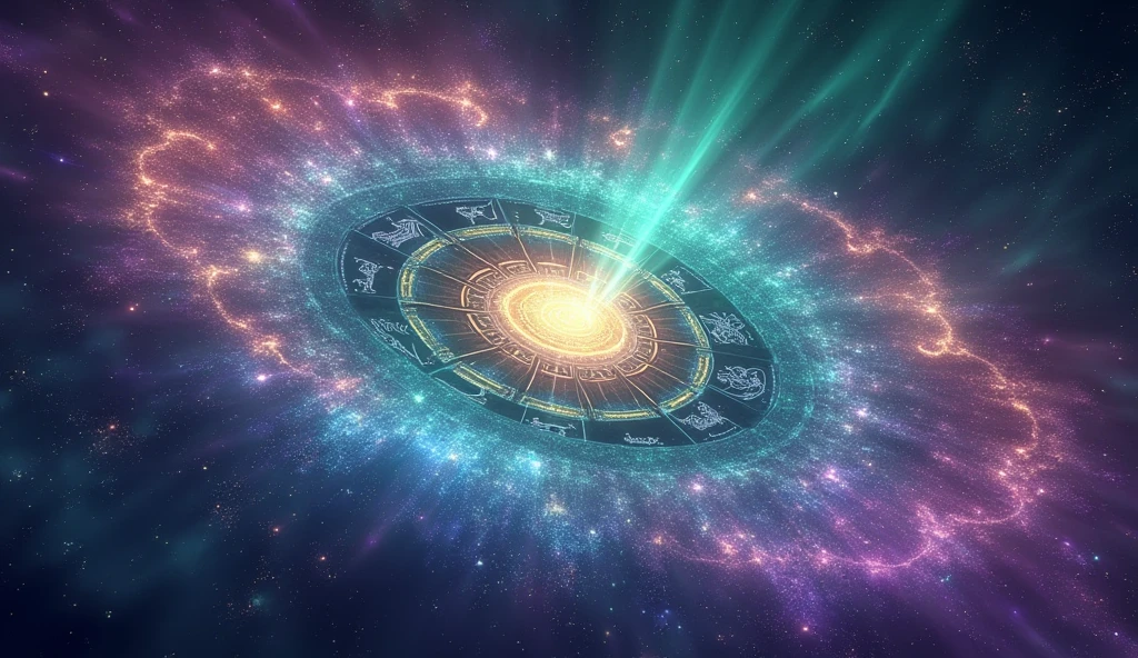 Create a colorful background with purple gradients, blue and gold, imitating an aurora borealis. At the center, place a large circle representing the zodiac, divided into 12 segments, each with an icon or symbol corresponding to the astrological signs. Add glittering stars and twinkling light strips around for a magical, immersive touch. Use emerald green and turquoise blue accents to highlight the zodiac circle and create an eye-catching contrast..