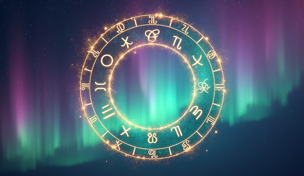 Create a colorful background with purple gradients, blue and gold, imitating an aurora borealis. At the center, place a large circle representing the zodiac, divided into 12 segments, each with an icon or symbol corresponding to the astrological signs. Add glittering stars and twinkling light strips around for a magical, immersive touch. Use emerald green and turquoise blue accents to highlight the zodiac circle and create an eye-catching contrast..