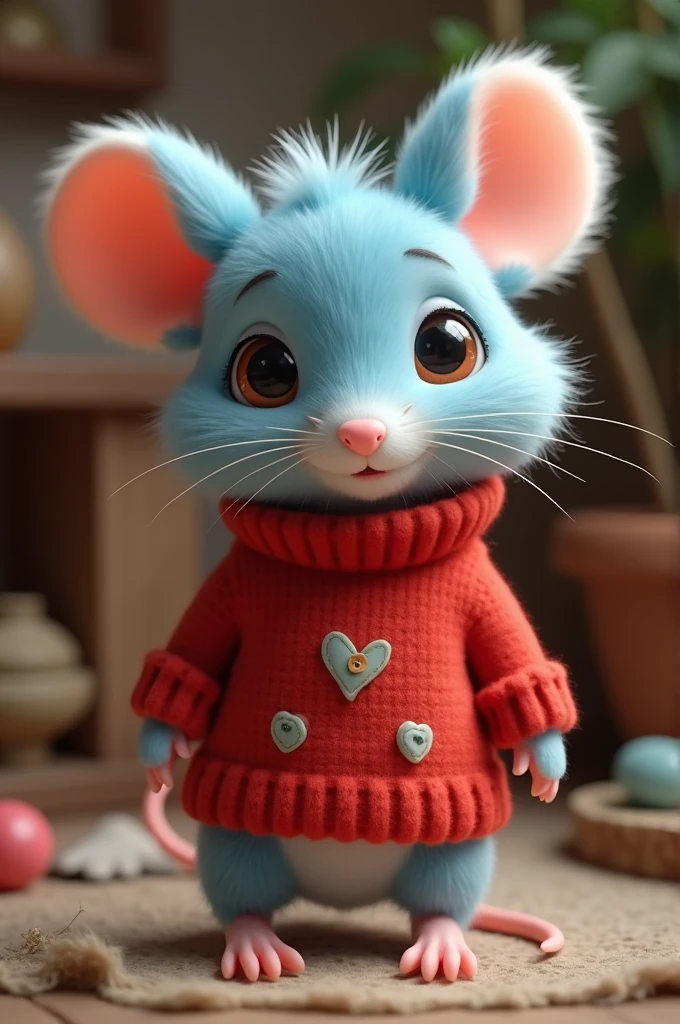 A animatronic soft blue mouse, With a red swether