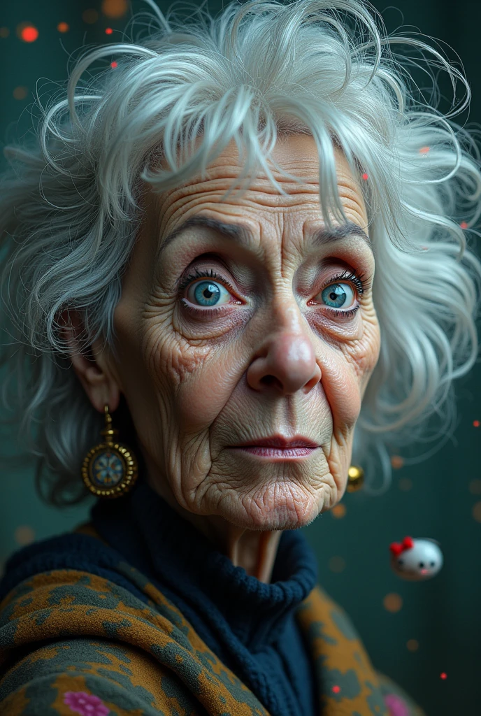(Close-up of a better masterpiece:1.5)0.9], (Space and astronauts:1.2) (Messy silver hair:1.1) (Heterochromia xanthochromia and blue eyes:1.2), witch hat, potions, whimsical woods, (Colored stars in the eyes:1.0) (A radiant glow:1.1) (thick lips:0.9), old woman, crazy face, hello kitty