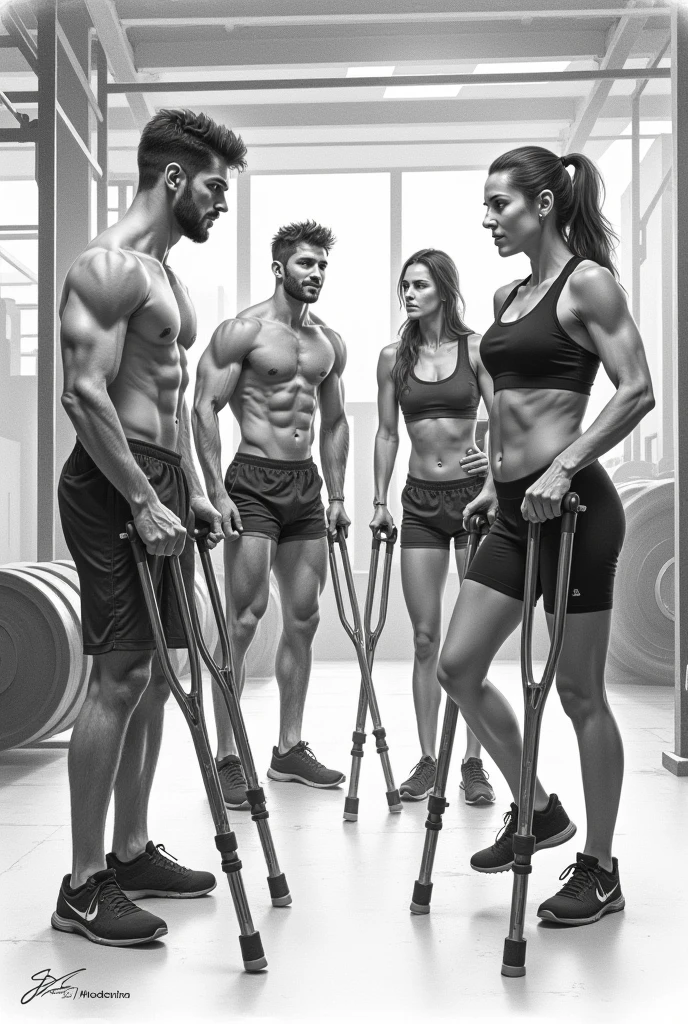 A Crossfit Quartet on Crutches, 2 men and 2 women in drawing