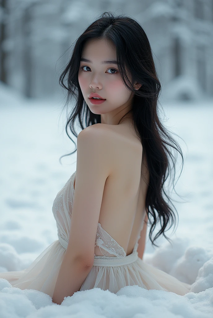 8k Beautiful naked Asian woman with big , in the snow